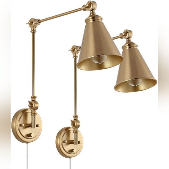 Gold Swing Arm Lamp Set of 2 MCM Adjustable Wall Mounted Sconce Brass Finish - Picture 2 of 6